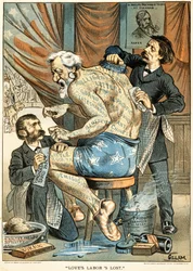 O trabalho do amor é perdido, publicado na revista Puck, 1884 (cromolitógrafo colorido)